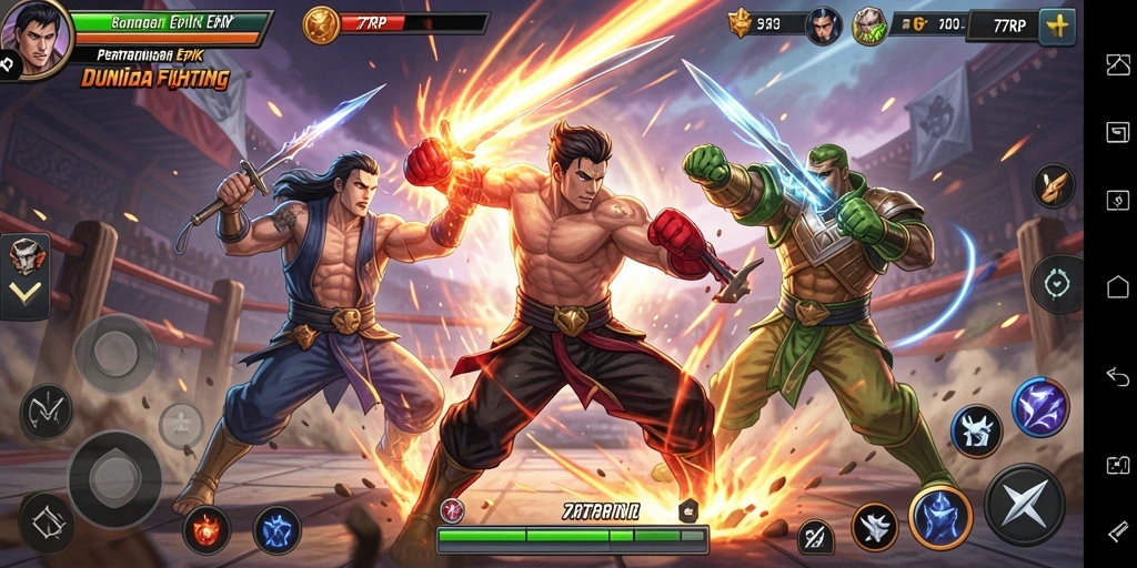 Screenshot gameplay seru 77RP dengan karakter bertarung.