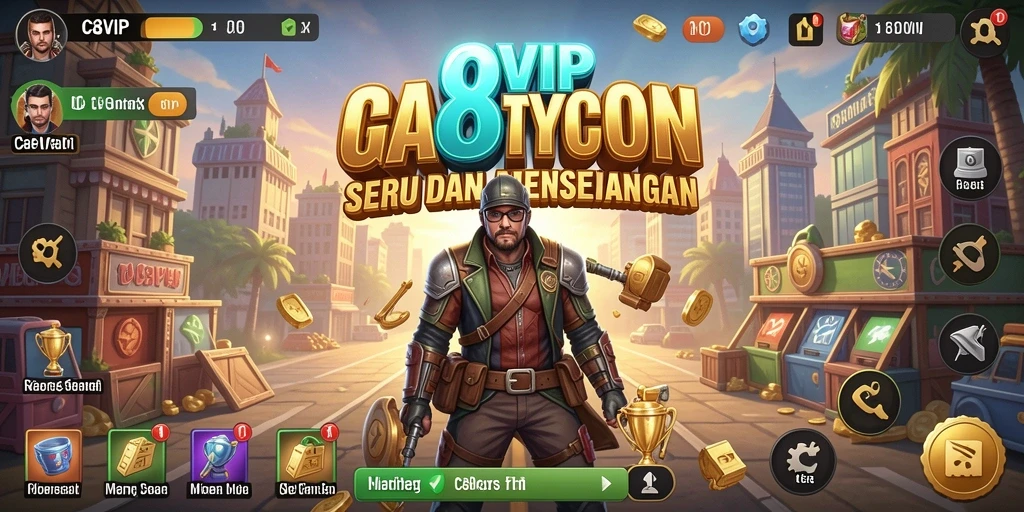 Screenshot gameplay C8VIP yang menunjukkan kemajuan dalam membangun kerajaan bisnis.