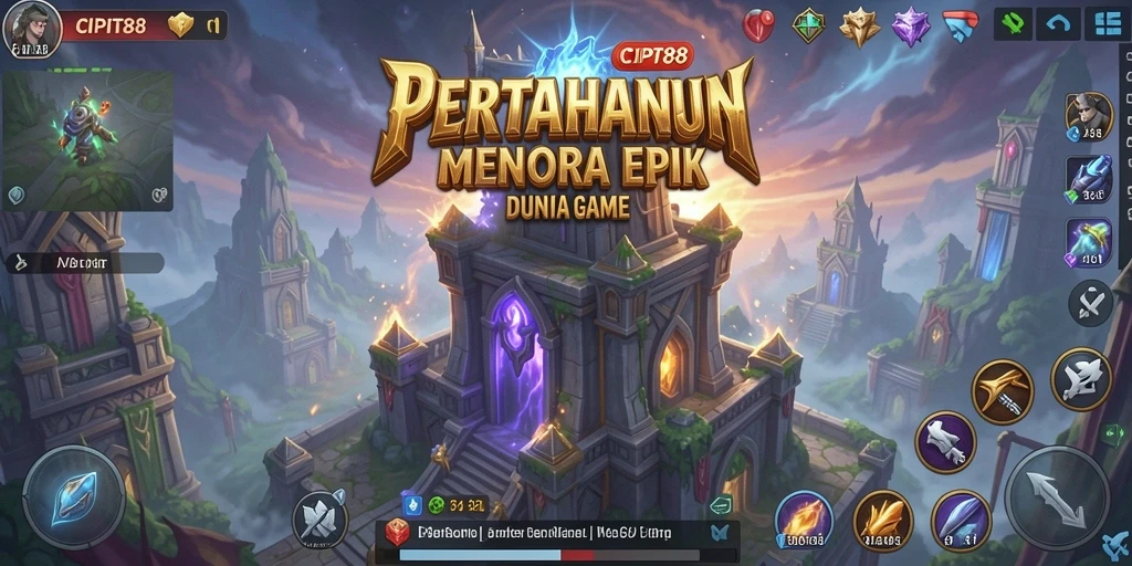 Screenshot gameplay menampilkan menara dan strategi pertahanan yang dinamis.