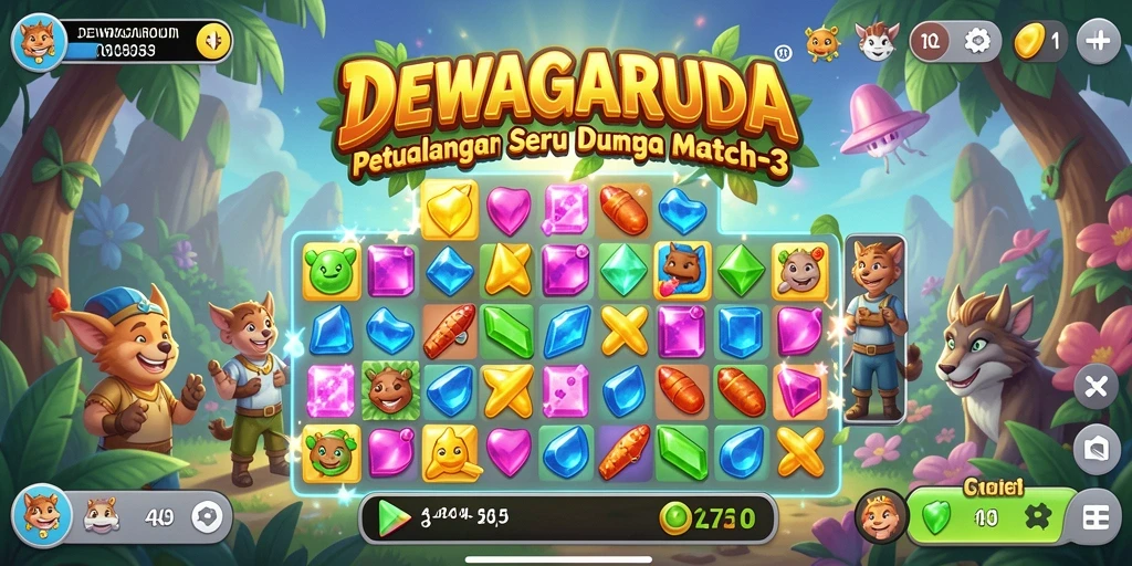 Screenshot gameplay DEWAGARUDA menunjukkan aksi match-3 yang seru.