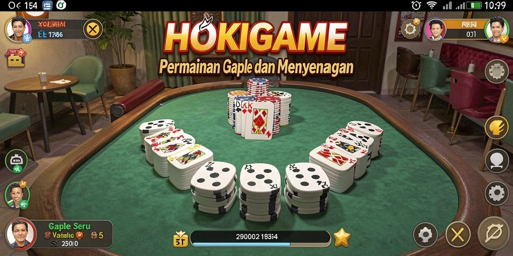 Screenshot gameplay seru dalam aplikasi HOKIGAME yang menunjukkan permainan Gaple.