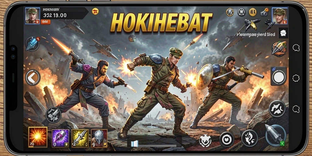 Screenshot gameplay HOKIHEBAT yang menampilkan pertempuran intens.