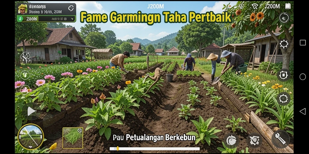 Tampilan gameplay J200M dengan kebun yang subur dan hewan ternak yang aktif.