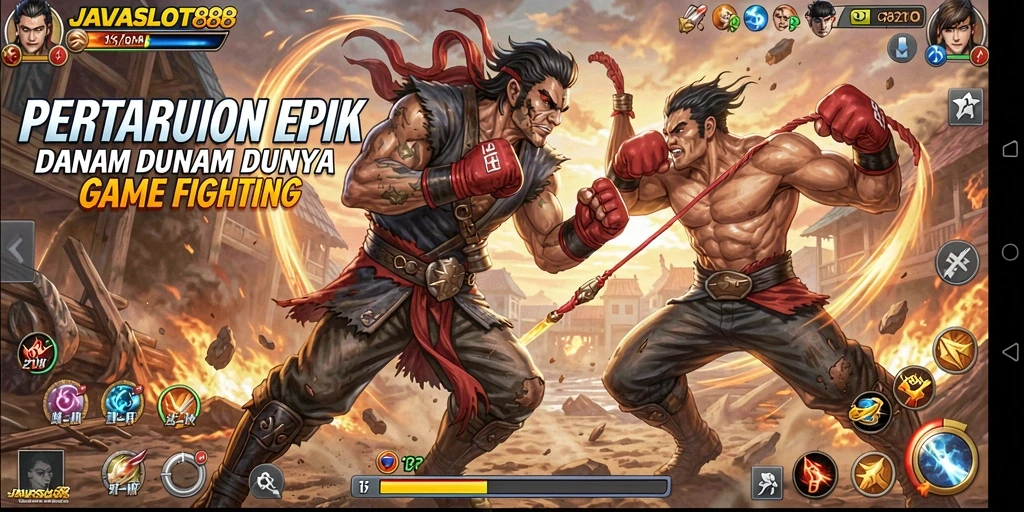 Gameplay seru JAVASLOT88 saat karakter bertarung sengit.