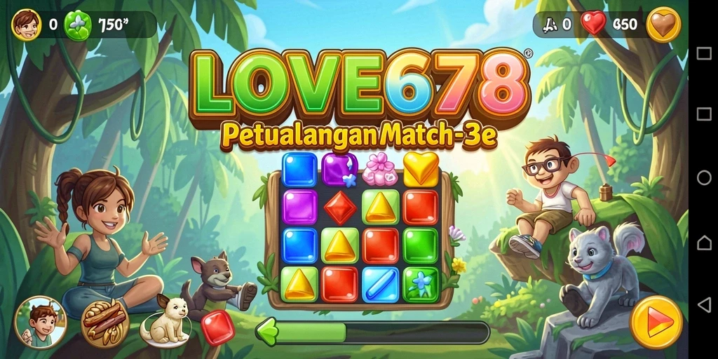 Tangkapan layar LOVE678 menunjukkan gameplay menantang Match-3 yang penuh warna.