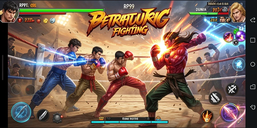 Screenshot gameplay RP99 menampilkan karakter bertarung di arena dinamis.