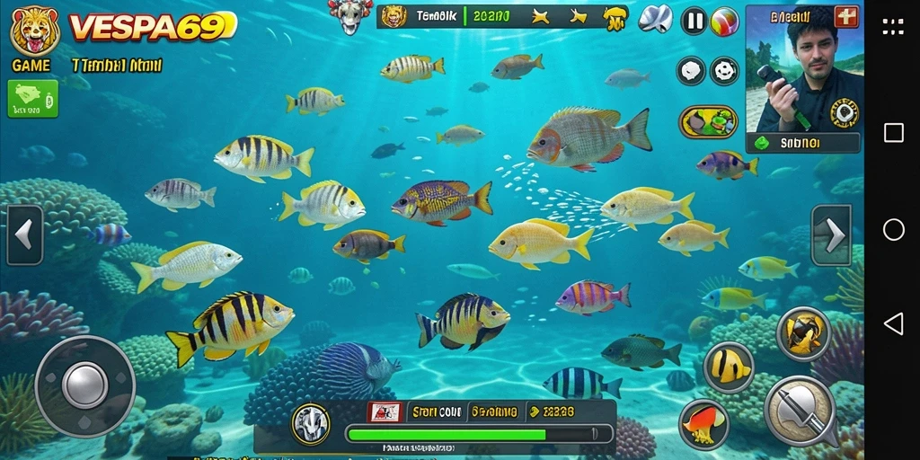 Screenshot utama VESPA69 menunjukkan gameplay seru dalam berburu ikan.